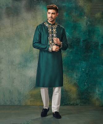 Green Pure Chanderi Emb. Kurta With Off White Chudidar 1