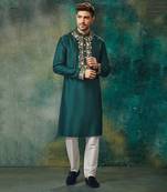 Green Pure Chanderi Emb. Kurta With Off White Chudidar