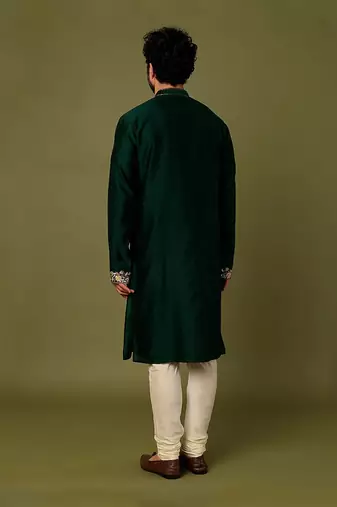 Green Pure Chanderi Emb. Kurta With Off White Chudidar