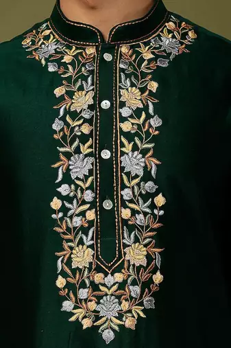 Green Pure Chanderi Emb. Kurta With Off White Chudidar
