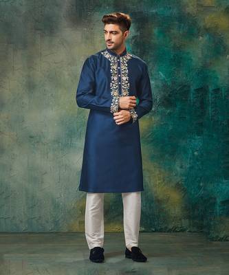 Blue Pure Chanderi Emb. Kurta With Off White Chudidar 1