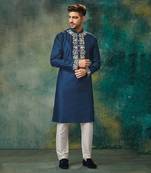 Blue Pure Chanderi Emb. Kurta With Off White Chudidar