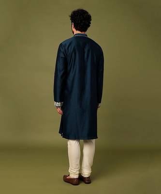 Blue Pure Chanderi Emb. Kurta With Off White Chudidar 2