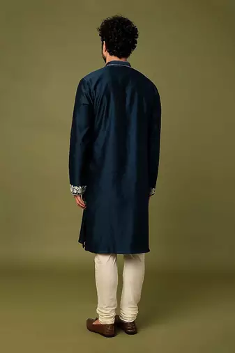 Blue Pure Chanderi Emb. Kurta With Off White Chudidar