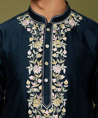 Blue Pure Chanderi Emb. Kurta With Off White Chudidar 3