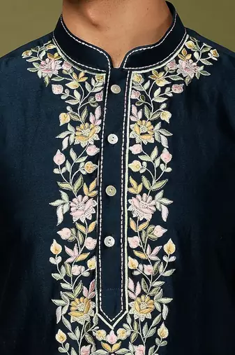Blue Pure Chanderi Emb. Kurta With Off White Chudidar