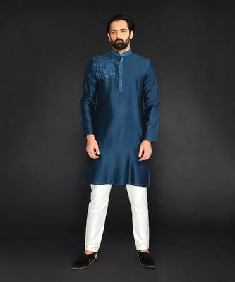 Blue Pure Chanderi Emb. Kurta With Off White Chudidar 1