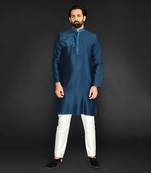 Blue Pure Chanderi Emb. Kurta With Off White Chudidar