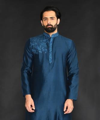 Blue Pure Chanderi Emb. Kurta With Off White Chudidar 2
