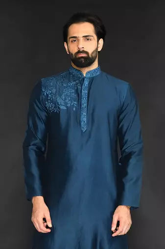 Blue Pure Chanderi Emb. Kurta With Off White Chudidar