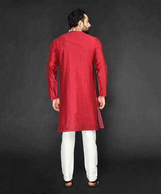 Red Pure Chanderi Emb. Kurta With Off White Chudidar 2