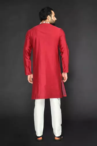 Red Pure Chanderi Emb. Kurta With Off White Chudidar