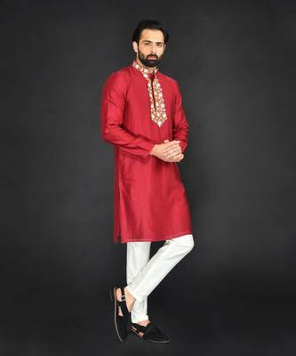 Red Pure Chanderi Emb. Kurta With Off White Chudidar 1