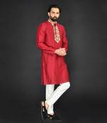 Red Pure Chanderi Emb. Kurta With Off White Chudidar