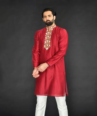 Red Pure Chanderi Emb. Kurta With Off White Chudidar 3