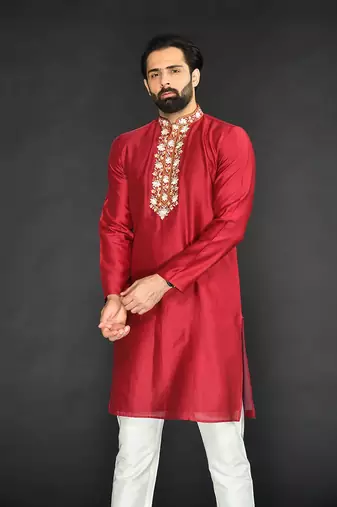 Red Pure Chanderi Emb. Kurta With Off White Chudidar