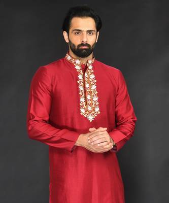 Red Pure Chanderi Emb. Kurta With Off White Chudidar 4