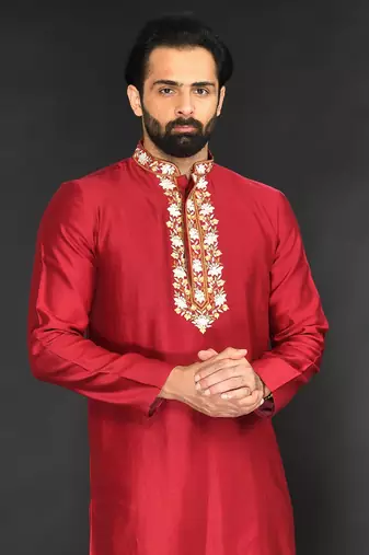 Red Pure Chanderi Emb. Kurta With Off White Chudidar