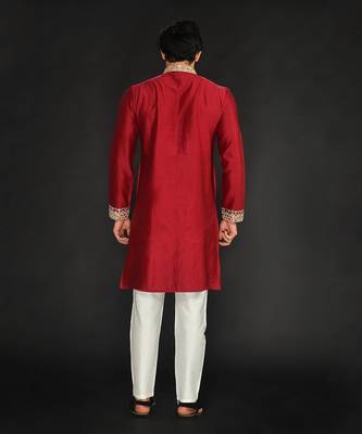 Red Pure Chanderi Emb. Kurta With Off White Chudidar 2