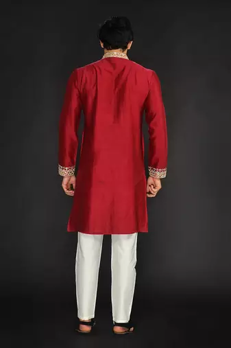 Red Pure Chanderi Emb. Kurta With Off White Chudidar