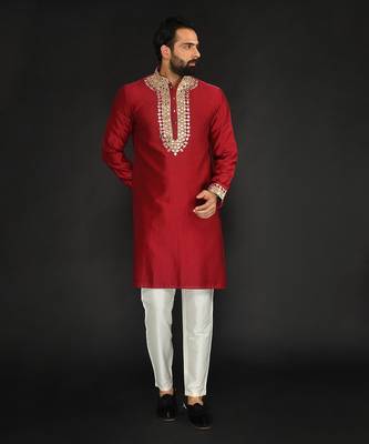 Red Pure Chanderi Emb. Kurta With Off White Chudidar 1