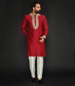 Red Pure Chanderi Emb. Kurta With Off White Chudidar