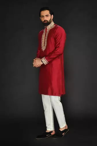 Red Pure Chanderi Emb. Kurta With Off White Chudidar