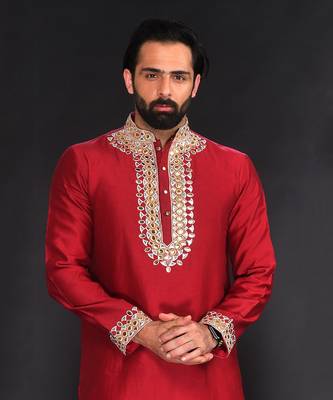 Red Pure Chanderi Emb. Kurta With Off White Chudidar 4
