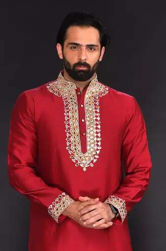 Red Pure Chanderi Emb. Kurta With Off White Chudidar
