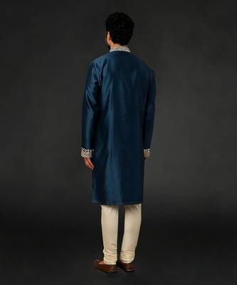 Blue Chanderi Emb. Kurta With Off White Chudidar 2