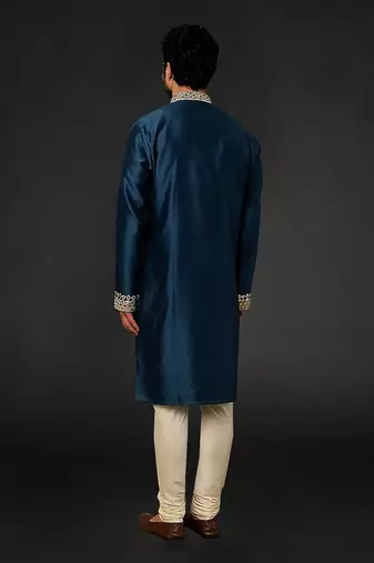 Blue Chanderi Emb. Kurta With Off White Chudidar
