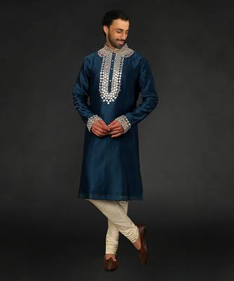 Blue Chanderi Emb. Kurta With Off White Chudidar 1
