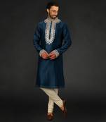 Blue Chanderi Emb. Kurta With Off White Chudidar