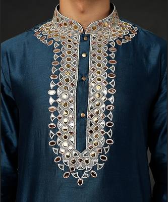 Blue Chanderi Emb. Kurta With Off White Chudidar 3