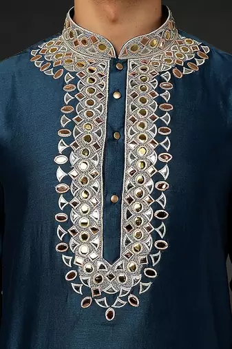 Blue Chanderi Emb. Kurta With Off White Chudidar