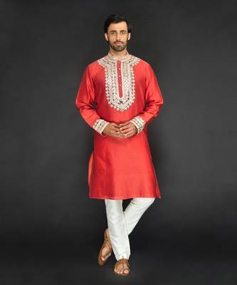 Rust Pure Chanderi Emb. Kurta With Off White Chudidar 1
