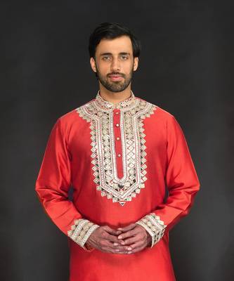 Rust Pure Chanderi Emb. Kurta With Off White Chudidar 2