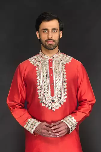 Rust Pure Chanderi Emb. Kurta With Off White Chudidar
