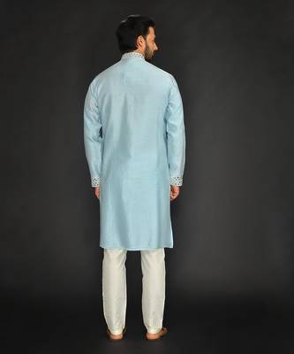 Blue Pure Chanderi Emb. Kurta With Off White Chudidar 2