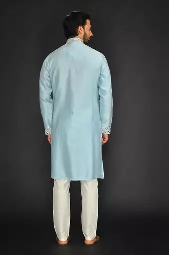 Blue Pure Chanderi Emb. Kurta With Off White Chudidar