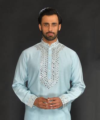 Blue Pure Chanderi Emb. Kurta With Off White Chudidar 3