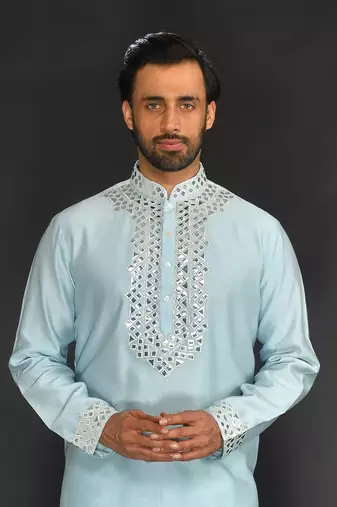 Blue Pure Chanderi Emb. Kurta With Off White Chudidar