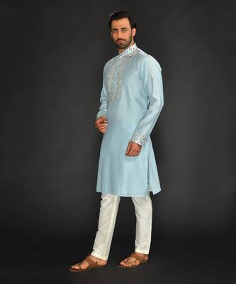 Blue Pure Chanderi Emb. Kurta With Off White Chudidar 1