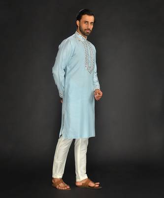 Blue Pure Chanderi Emb. Kurta With Off White Chudidar 4