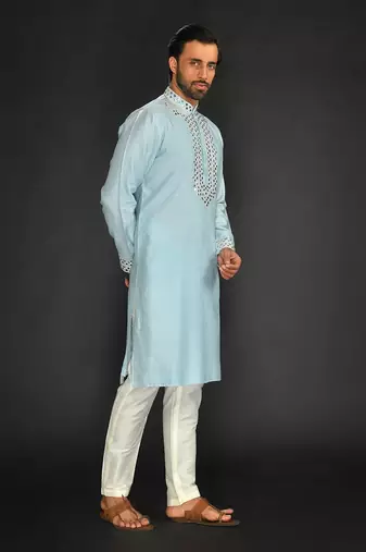 Blue Pure Chanderi Emb. Kurta With Off White Chudidar