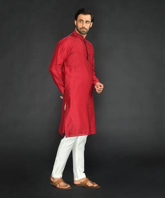 Maroon Pure Chanderi Emb. Kurta With Off White Chudidar 4