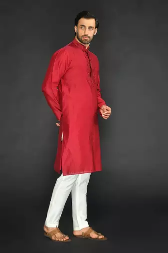 Maroon Pure Chanderi Emb. Kurta With Off White Chudidar