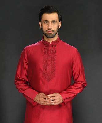 Maroon Pure Chanderi Emb. Kurta With Off White Chudidar 5
