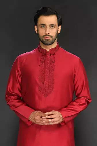 Maroon Pure Chanderi Emb. Kurta With Off White Chudidar