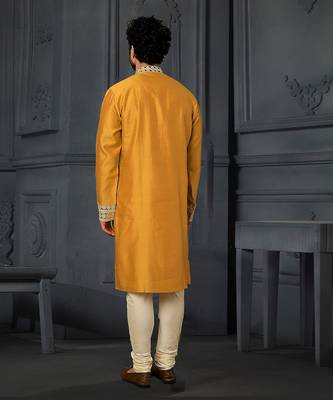 Yellow Pure Chanderi Emb. Kurta With Off White Chudidar 2